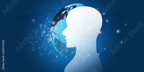 Abstract Machine Learning, Artificial Intelligence, Cloud Computing and Networks Design Concept with Human or Robot Silhouette, Earth Globe and Polygonal Geometric Network Mesh, Glowing Nodes Around