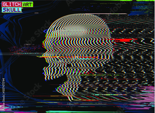 Vector glitch art digital illustration of side view screaming skull in oscilloscope line halftone from 3D rendering in the style of old CRT TVs and VHS corrupted graphics.