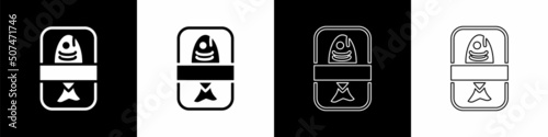 Set Fish plastic tray container with cellophane cover icon isolated on black and white background. Vector