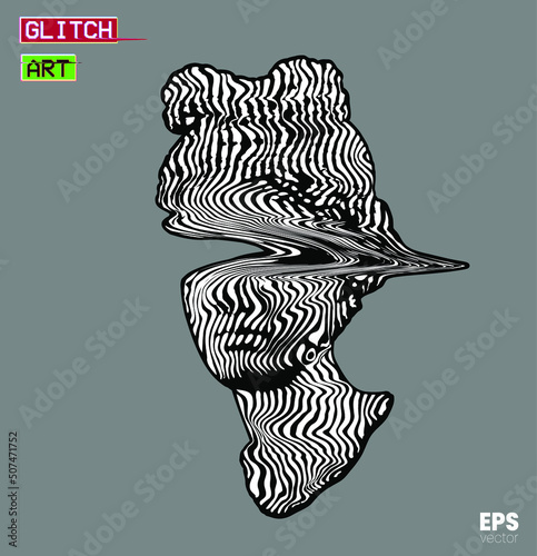 Glitch Art. Vector black and white striped and eye glitch deformed pattern illustration from 3D rendering of classical female head bust sculpture isolated on grey background. 