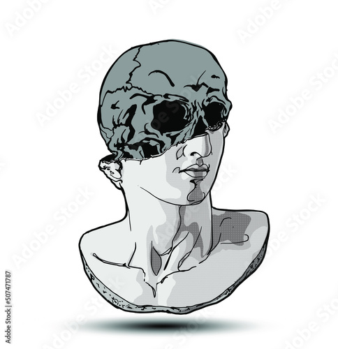 Vector hand drawn illustration of classical sculpture fragment of colossal head with dark skull coming from the broken side. Isolated on white background.