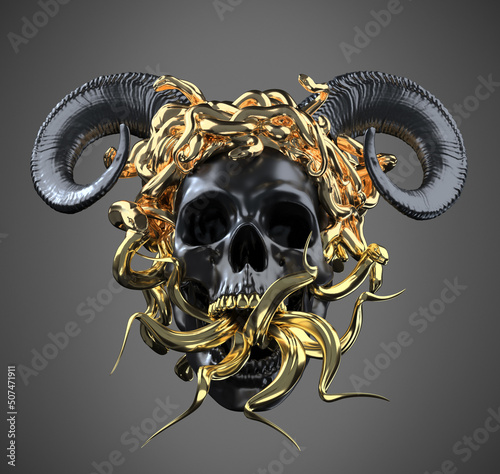 Foto Concept illustration 3D rendering of screaming black skull with goat devilish horns, golden teeth and snake tongues out wearing a medusa snakes hair headpiece isolated on grey background