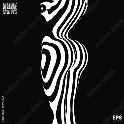 Vector abstract black and white zebra stripes illustration from 3D rendering of a nude woman's sexy body back  isolated on black background.  
