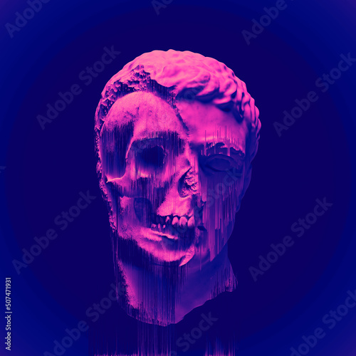 Glitch pixel sorting colorful illustration of half skull classical sculpture head from 3D rendering in the vaporwave colors palette style isolated on background. © Rrose Selavy
