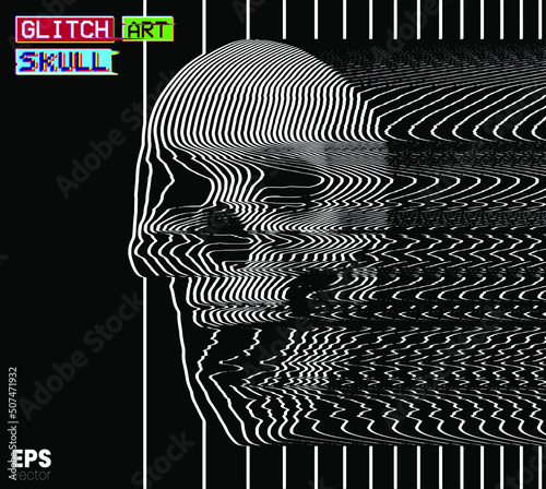 Glitch Art Skull. Vector illustration of digital glitch art screaming skull in oscilloscope white line on black background from 3D rendering in the style of old CRT TVs and VHS.