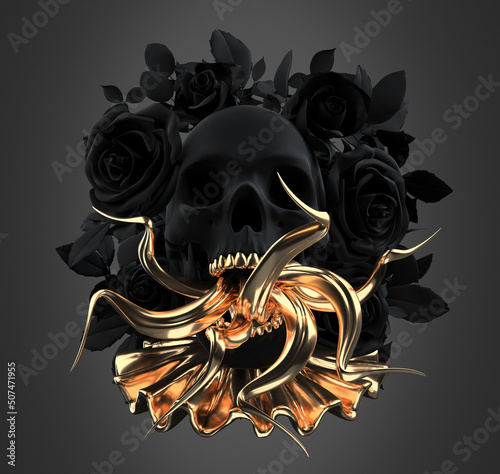 Concept illustration 3D rendering of scary dark skull with golden snake tongues out and teeth surrounded by a dark black roses wreath with leaves isolated on grey background.