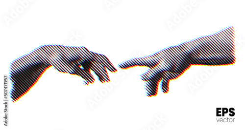 Vector illustration of hands reaching out for touch in RGB color offset tilted line halftone vintage style design isolated on white background.