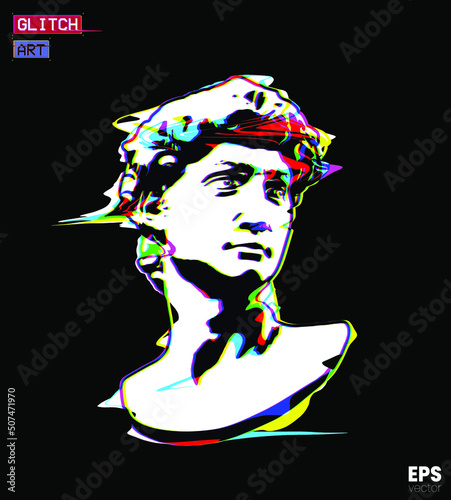 Glitch Art. Vector RGB offset color glitch mode illustration in flat minimalist logo style icon of classical male head sculpture isolated on background.