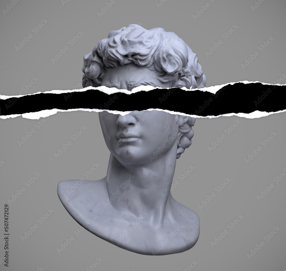 Abstract concept 3D rendering illustration of classical head bust sculpture  with eye level torn paper isolated on grey background. Stock Illustration