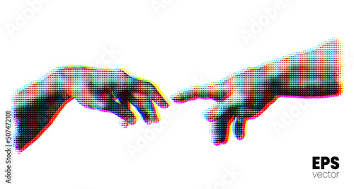 Vector illustration of hands reaching out for touch in RGB color offset dot halftone vintage style design.