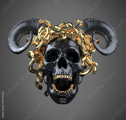Photography Concept illustration 3D rendering of screaming black skull with goat devilish horns, golden teeth wearing a medusa snakes hair headpiece isolated on grey background