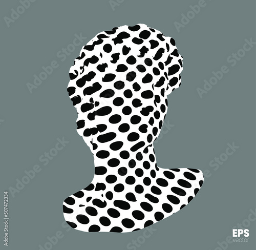 Vector abstract black and white polka dots pattern illustration from 3D rendering of classical head sculpture isolated on gray background.  