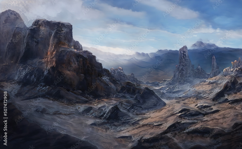 Fantastic Epic Magical Landscape of Mountains. Summer nature. Mystic Valley, tundra. Gaming assets. Celtic Medieval RPG background. Rocks and canyon. Beautiful sky with clouds. Book cover, poster