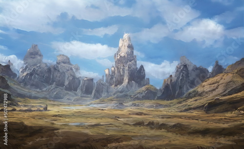 Fantastic Epic Magical Landscape of Mountains. Summer nature. Mystic Valley, tundra. Gaming assets. Celtic Medieval RPG background. Rocks and canyon. Beautiful sky with clouds. Book cover, poster © Abstract51