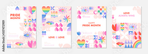 Pride month banners templates.LGBTQ+ community vector illustrations  in bauhaus style with geometric elements and rainbow lgbt symbols.Human rights movement concept.Gay parade.Colorful cover designs.