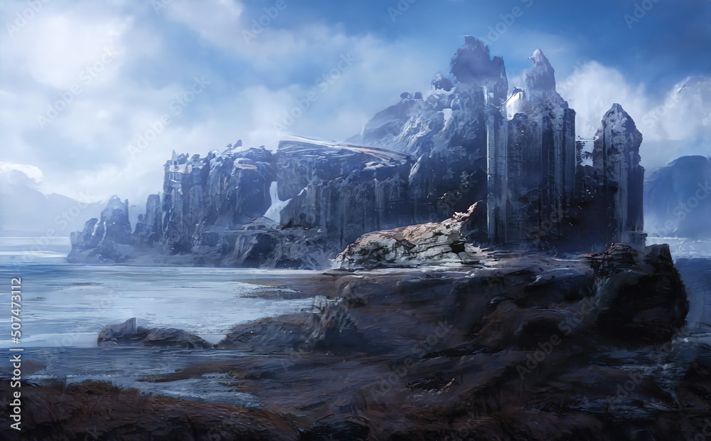 Fantastic Winter Epic Landscape of Mountains. Celtic Medieval forest. Frozen nature. Glacier in the mountains. Mystic Valley. Artwork sketch. Gaming RPG background. Frozen lake. Ice sea