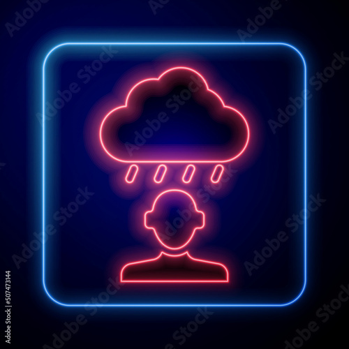 Glowing neon Depression and frustration icon isolated on black background. Man in depressive state of mind. Mental health problems. Vector