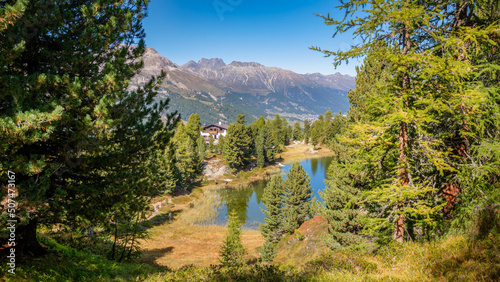 Hahnensee (Lej dals Chöds) is a lake above St. Moritz (Grisons, Switzerland) at a height of 2153 m. The area can be reached by several hiking trails. Next to the lake is a restaurant of the same name photo