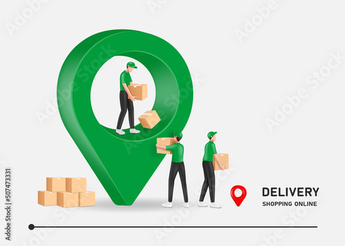 Several couriers dressed in green uniforms are helping deliver parcels to customers at pin locations,vector character 3d isolated on white background for delivery and transportation concept design