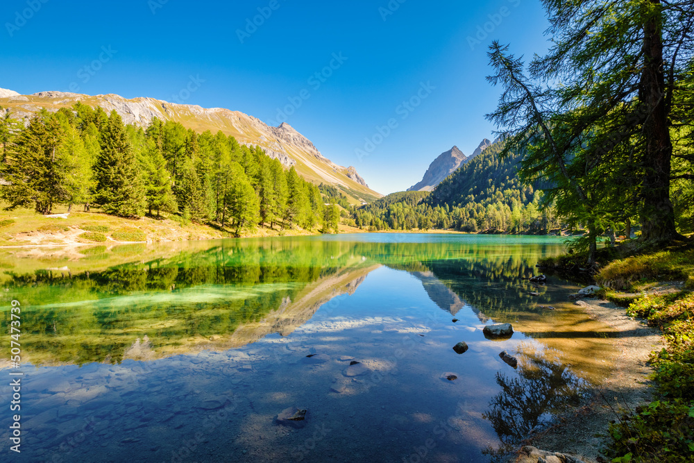 Fototapeta premium Lake Palpuogna (German: Palpougnasee, Romansh: Lai da Palpuogna) is a mountain lake at Albula Pass in the Bergün municipality (Grisons, Switzerland) and once voted most beautiful spot in Switzerland