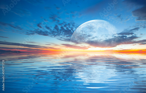 Full moon over the sea at sunset "Elements of this image furnished by NASA" © muratart