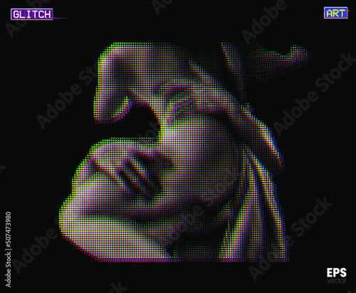 Vector illustration of digital glitch art classical sculpture of Proserpina Rape detail from 3D rendering in RGB color offset mode dot halftone on black background.