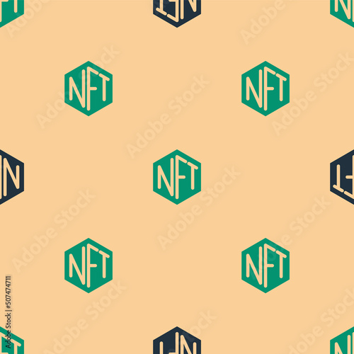 Green and black NFT Digital crypto art icon isolated seamless pattern on beige background. Non fungible token. Vector