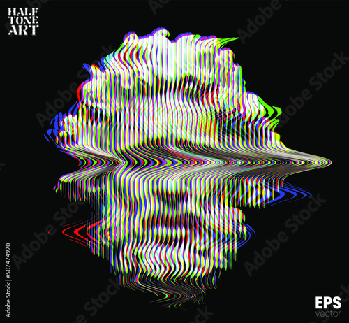 Vector RGB color offset glitched line halftone mode illustration of classical head sculpture of bearded old man from 3d rendering isolated on black background. 