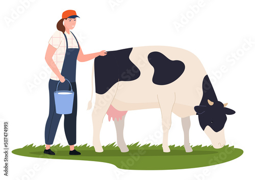 Agricultural woman cow milking with metallic basket on green grass vector flat illustration