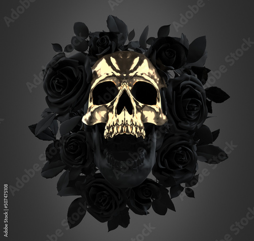 Concept illustration 3D rendering of scary screaming black skull with golden skull mask surrounded by a dark black roses wreath with leaves.