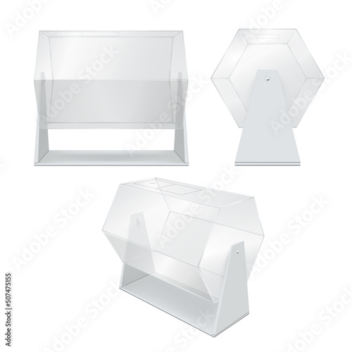 Collection realistic transparent plastic lottery drum empty container on stack vector illustration
