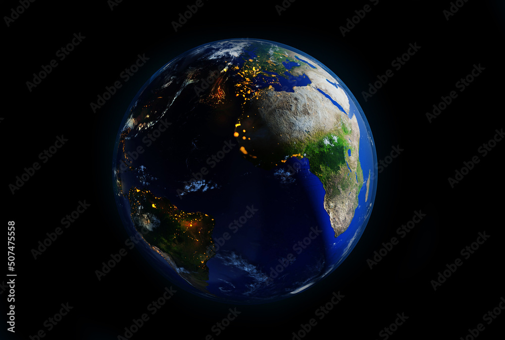 Planet Earth at night. 3D rendering illustration Planet Earth at night. 3D rendering illustration