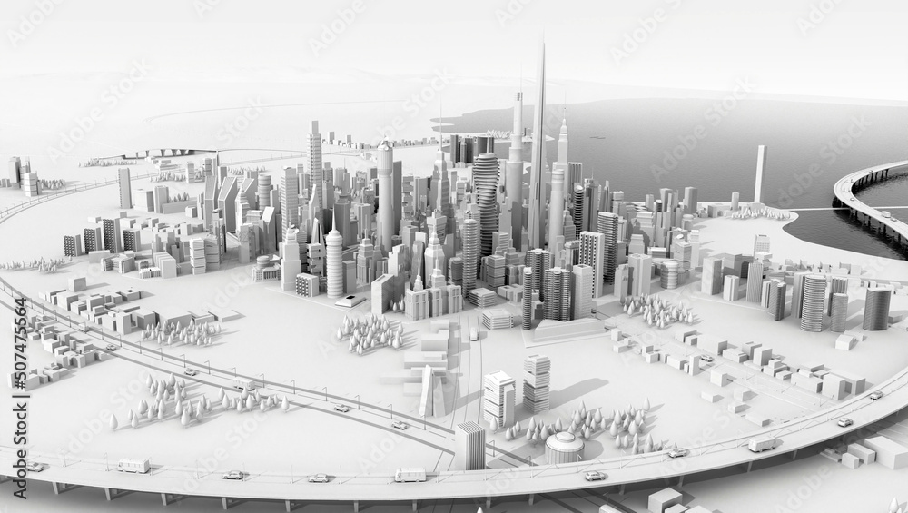 Obraz premium Panoramic view of beautiful modern city with skyscrapers, which locates on the lake. Suburb area, lots of motorways leading to the city, bridges, greens and traffic on the roads. 3D rendering