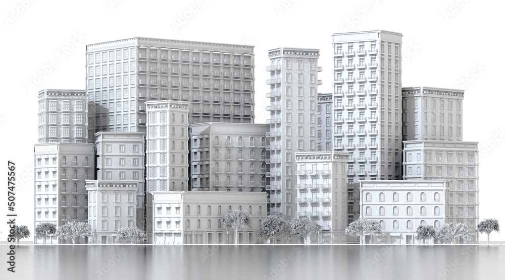 Beautiful city with periodic style buildings. 3D rendering illustration