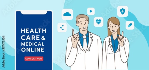 Doctor virtual consulting healthcare and medical advice online applications on smartphone with  services, diagnosis, chronic conditions and illness treatment. Hand draw style. Vector illustration.