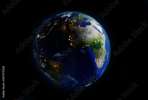 Planet Earth at night. 3D rendering illustration