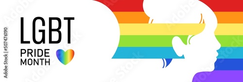 LGBTQ banner for Pride Month. Graphic gradient elements for festival or parade design, decor. Rainbow social flag background with white LGBTQIA human face silhouette and heart. Vector illustration