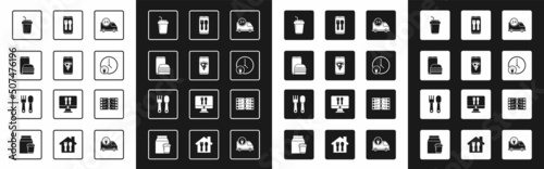Set Fast delivery by car, Food ordering pizza, Online and, Coffee cup to go, Round the clock, Restaurant cafe menu and Fork spoon icon. Vector