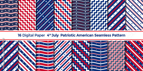 4th July seamless pattern. Patriotic paper textures. Happy independence day prints with Stripes, Stars, Waves and Zigzag. Set of USA flag vector geometric backgrounds.