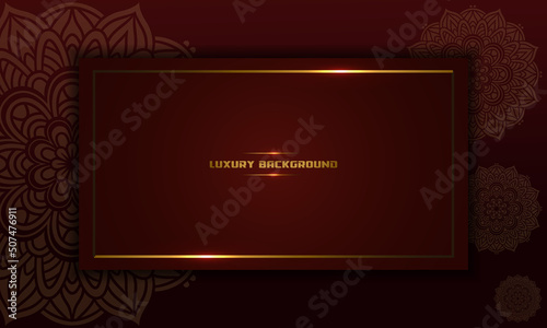 luxury background, gold color mandala ornament line design, isolated on dark red background, greeting card, wedding, invitation, islamic ramadan concept, banner cover background, etc, vector illustrat