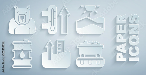 Set Rise in water level, Drought, Barrel oil, Coal train wagon, Global warming and Polar bear head icon. Vector