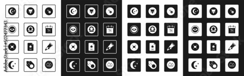 Set Venus symbol, Libra zodiac, Medallion with eye, Moon and stars, Calendar, Earth element, Telescope and Gemini icon. Vector