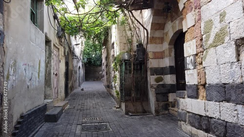 Historic Architecture and mosque minaret in alley of old town, City of Damascus, .Syria