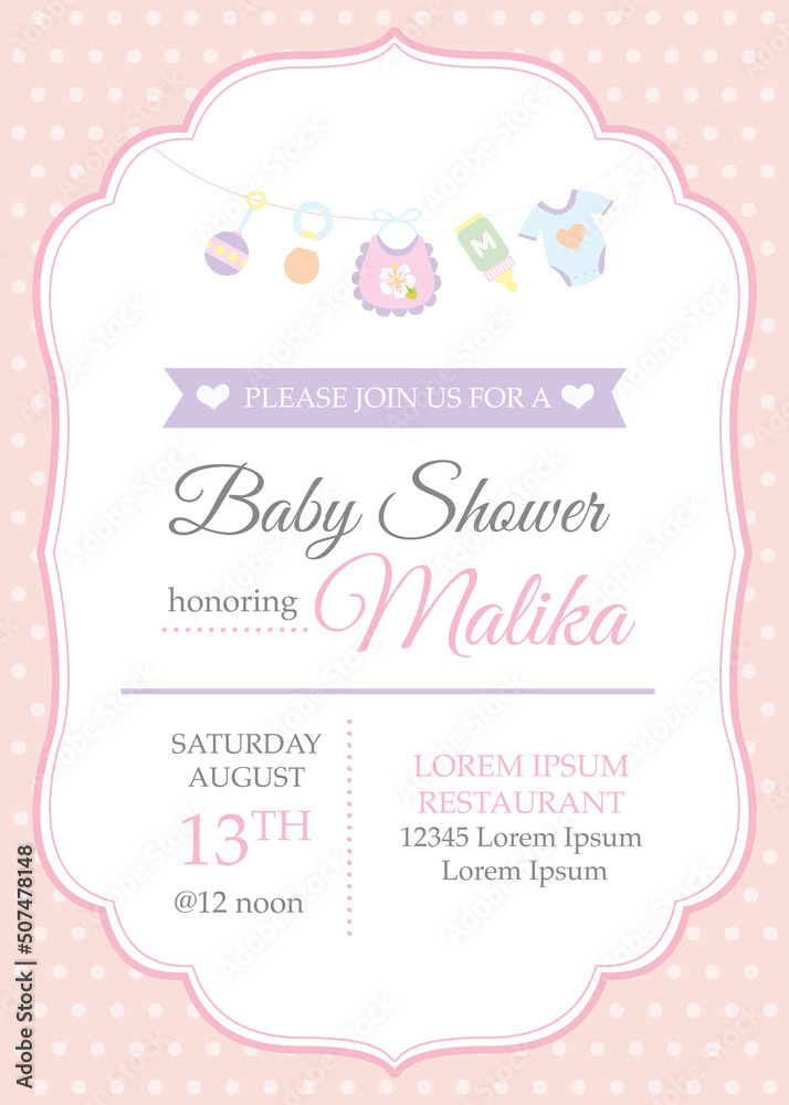 Classic baby girl shower invitation template with baby toys