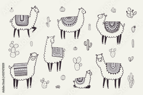 llama alpaca animals line vector illustrations set
