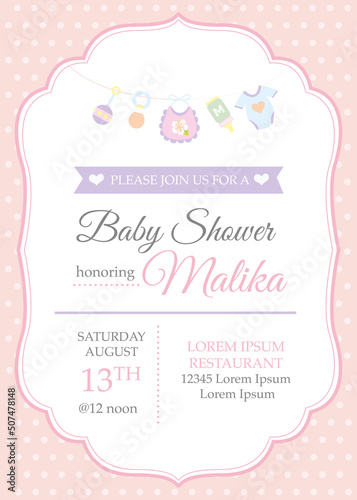 Classic baby girl shower invitation template with baby toys