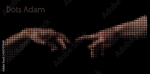Reaching hands skin colored dot halftone style design vector illustration isolated on black background.