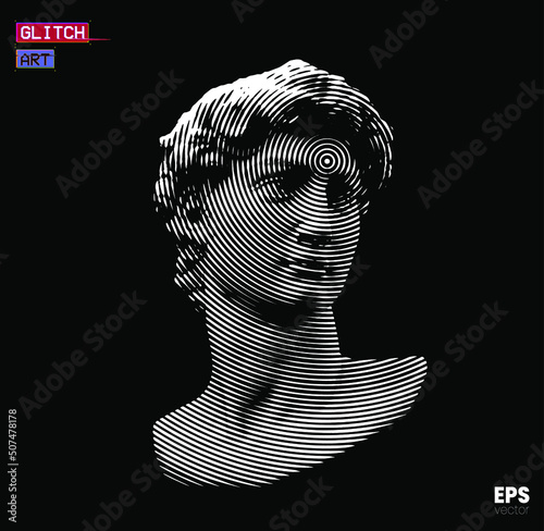 Vector white circle halftone male classical style head sculpture from 3d rendering isolated on black background. 