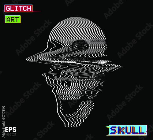 Glitch Art Skull. Vector illustration of digital glitch art screaming skull in oscilloscope white line on black background from 3D rendering in the style of old CRT TVs and VHS.
