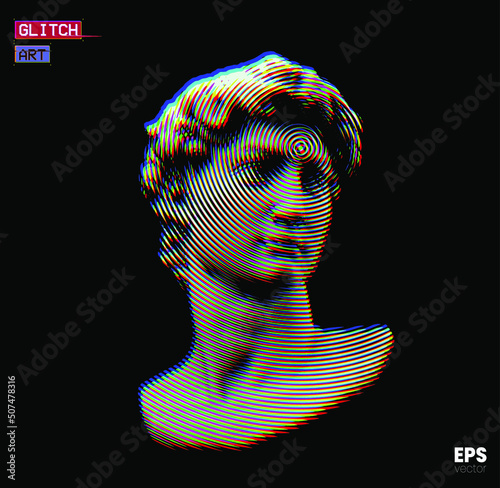 Vector RGB offset color mode circle halftone male classical style head sculpture from 3d rendering isolated on black background. 